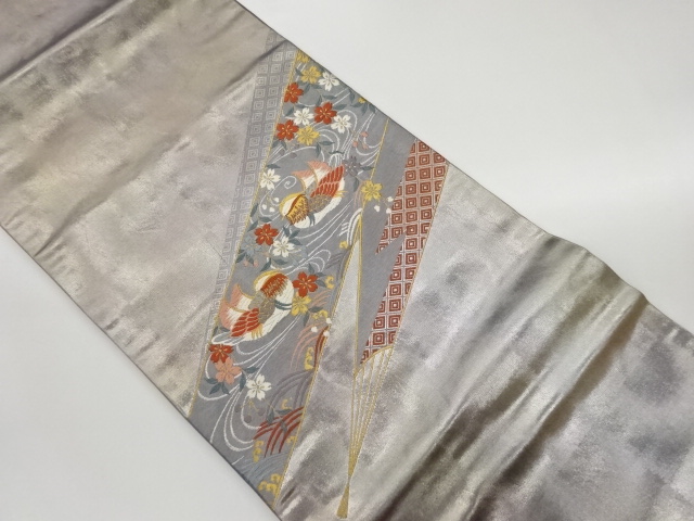 リサイクル　四次元箔鴛鴦に枝垂れ桜・扇・菱模様織出し名古屋帯